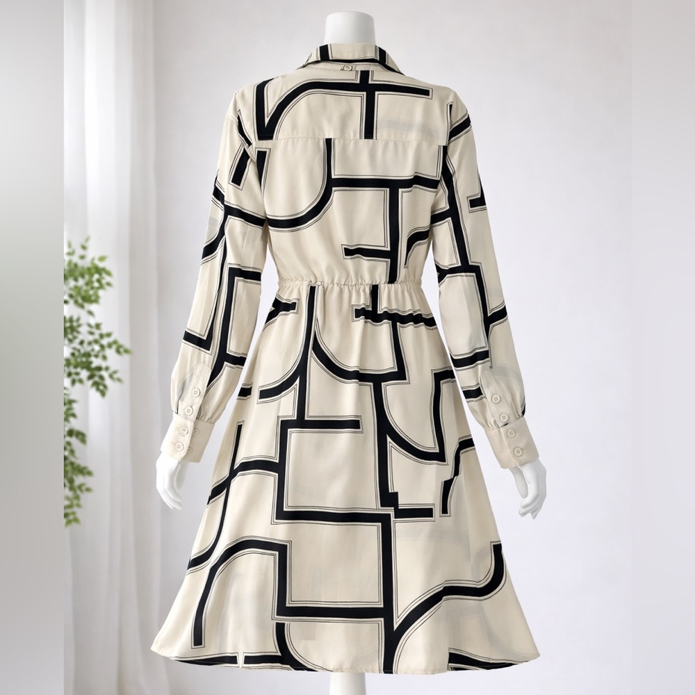 Minimalist Abstract Geo Shirt Dress | Cream Black | Modern Chic | S - Picture 2 of 11